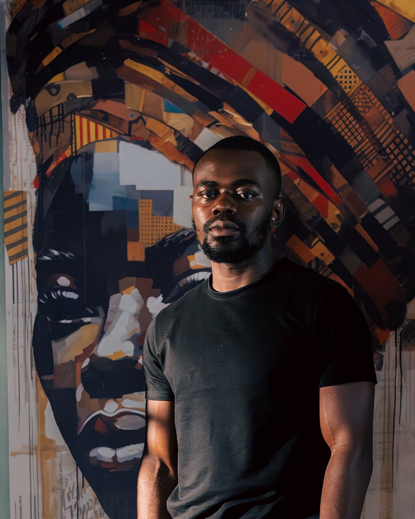 Collins Allindi — founder of Aperia Visuals, photographed in front of an African portrait collage painting
