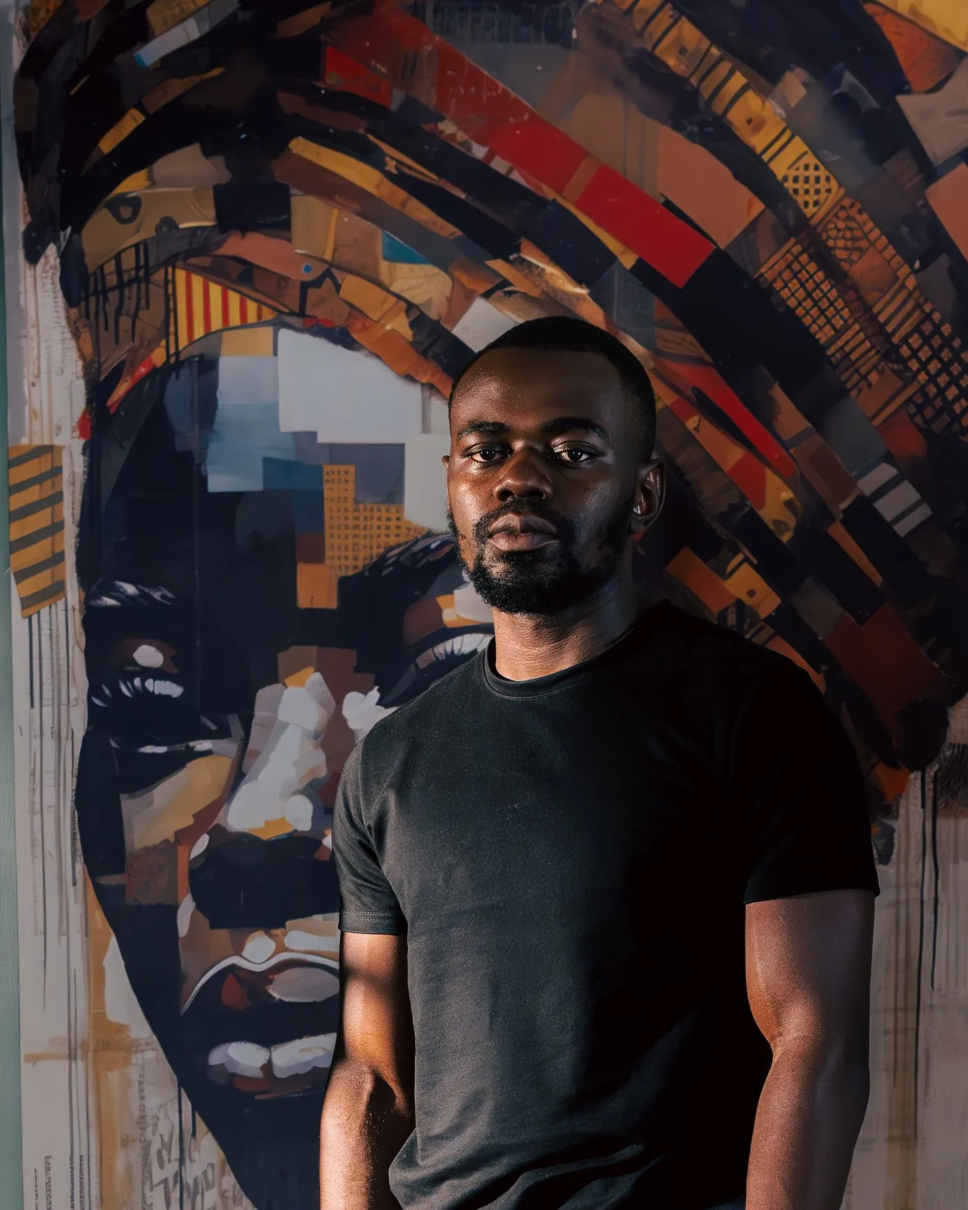 Collins Allindi — founder of Aperia Visuals, photographed in front of an African portrait collage painting