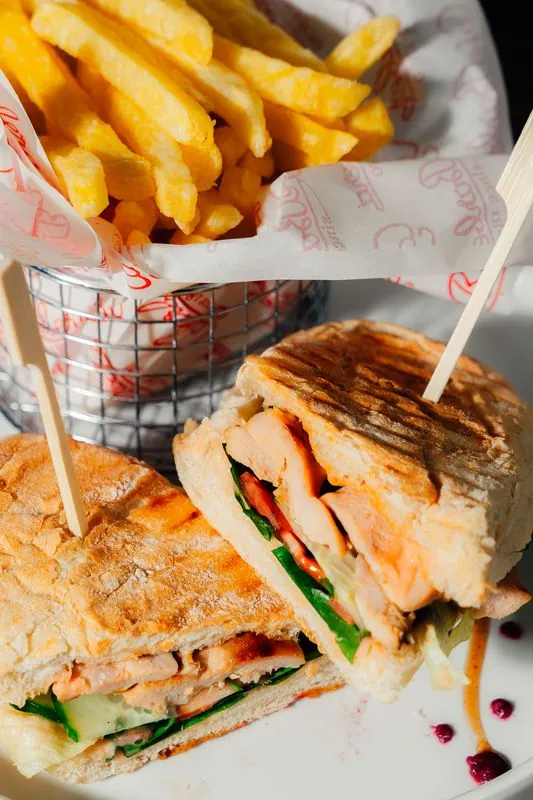 Grilled panini with a basket of fries